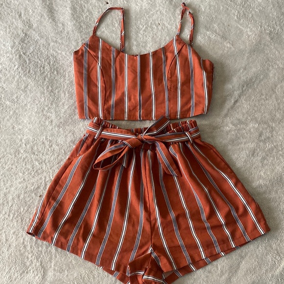 Zaful Pants - Striped Cami Belted Shorts Two Piece Set in Chestnut Red Size Medium